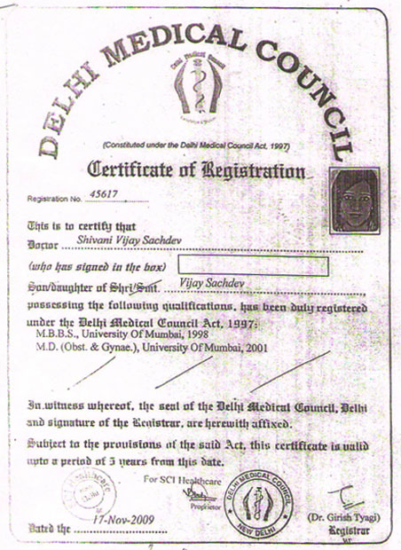 Dr Shivani Sachdev Gour Certificates of Delhi Medical Council
