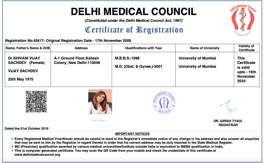Dr Shivani Sachdev Gour certificate of Delhi Medical Council